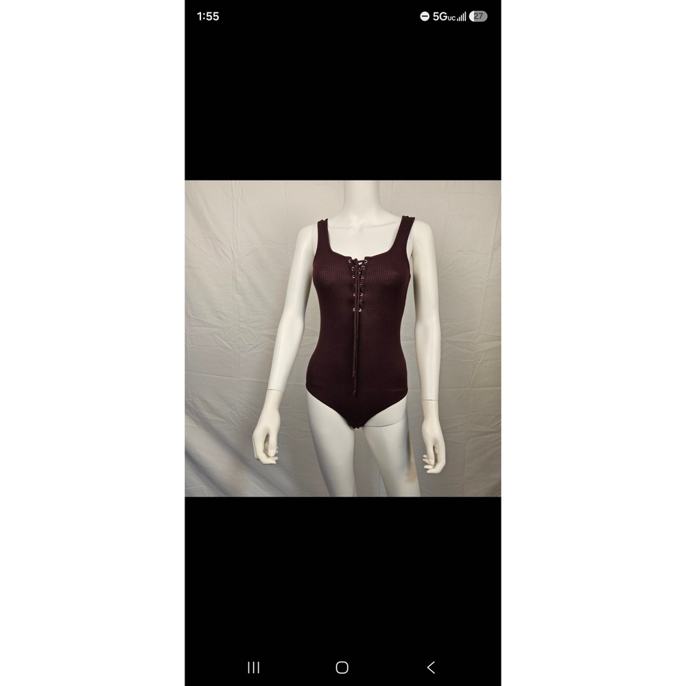 American Eagle AEO First Essentials Ribbed Lace Up Bodysuit Burgundy Small 3031